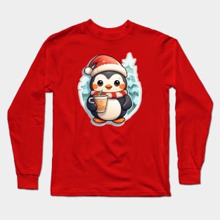 kawaii Penguin Christmas holds a drink in his hand Long Sleeve T-Shirt